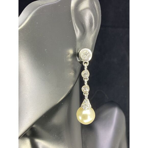 Dangle Drop Pierced Earrings Crystal & Faux Pearl Over Silver Plated - Picture 1 of 6